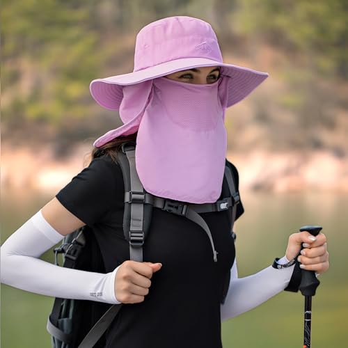 Sun Hats for Men Women Fishing Hat UPF 50+ Breathable Wide Brim Summer UV Protection Hat - color: Purple(with Face Cover & Neck Flap )