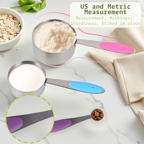 Inmorven 10pcs Measuring Cups and Spoons Set, Nesting Kitchen Stainless Steel Measuring Set for Baking Cooking Dry Liquid Ingredients Upgraded Thickness Handle - color: Stainless Steel