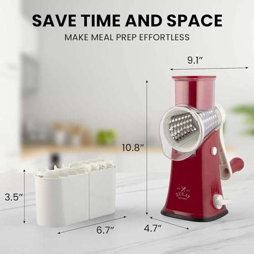 Zulay Kitchen Rotary Cheese Grater 5 Blade Cheese Shredder - Manual Hand Crank Cheese Grater With Reinforced Suction & 5 Interchangeable Drums - Easy to Use, Vegetable Chopper Round Mandoline Slicer - color: White and Red