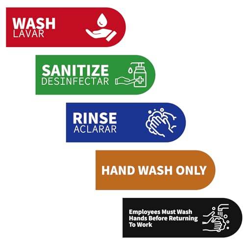 5pcs Wash Rinse Sanitize Sink Labels, 9x3in Waterproof Hand Washing Stickers for 3 Compartment Sinks for Commercial Kitchens Restaurants Food Trucks & Dishwashing Stations
