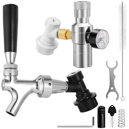 Ball Lock Keg Tap Faucet & Dual Hold Stable 0-60PSI CO2 Regulator Set, Stainless Steel Core Self-Closing Beer Faucet & Portable Beer Keg Regulator with Ball Lock Quick Disconnect for Homebrew