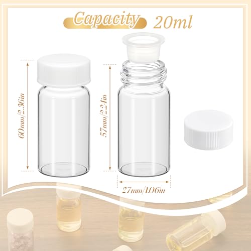 Lallisa 100 Pcs 20 ml Glass Vials with White Screw Caps and Plastic Stoppers, 5 Dram Clear Small Leakproof Bottles Bulk, Mini Liquid Sample Vials for Essential Oils, Sample, DIY Craft - color: Clear with White Cap, size: 20 ml
