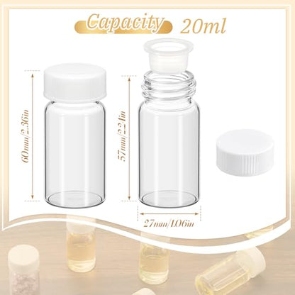 Lallisa 100 Pcs 20 ml Glass Vials with White Screw Caps and Plastic Stoppers, 5 Dram Clear Small Leakproof Bottles Bulk, Mini Liquid Sample Vials for Essential Oils, Sample, DIY Craft - color: Clear with White Cap, size: 20 ml