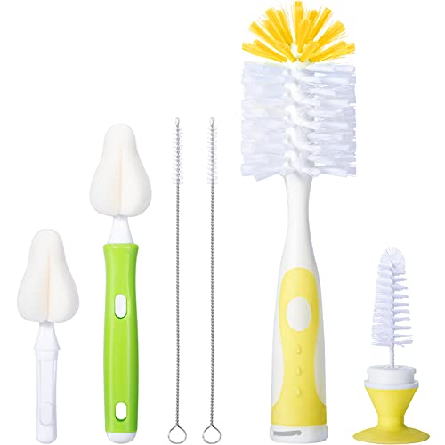 CAREBABYMORE Baby Bottle Brush with One Base Hidden Nylon Nipple Cleaner, 2 Pcs Sponge Nipple Brushes, 2 Pcs Straw Brushes, Bottle Brush with Nipple Cleaner and Suction Cup (Yellow) - color: Yellow