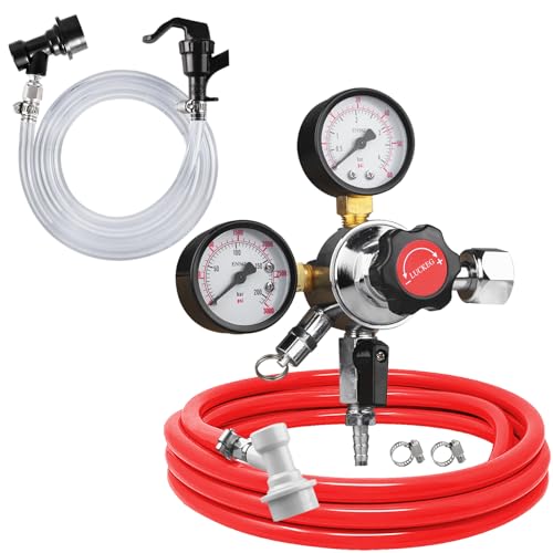 LUCKEG Dual Gauge CO2 Regulator CGA320 Gas Regulator Kegerator CO2 Regulator Beer Keg Regulator Include Ball Lock Gas&liquid Line Kit Assembled for Home Brewing Cornelius Keg Beer Keg Kegging