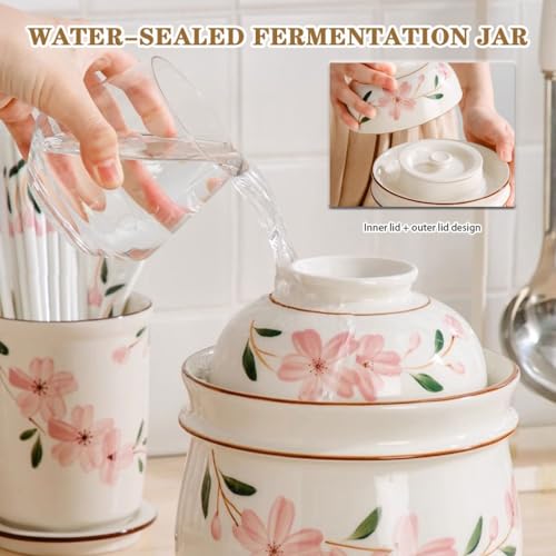 Hand-Painted Cherry Blossom Storage Jar, Double Lid Design Fermentation Crock, Household Water Seal Design Kimchi Jar, Ceramic Grain Container(2000ml) - size: 2000ml