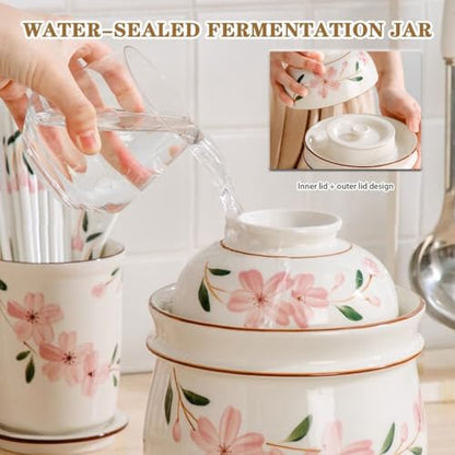 Hand-Painted Cherry Blossom Storage Jar, Double Lid Design Fermentation Crock, Household Water Seal Design Kimchi Jar, Ceramic Grain Container(3000ml) - size: 3000ml