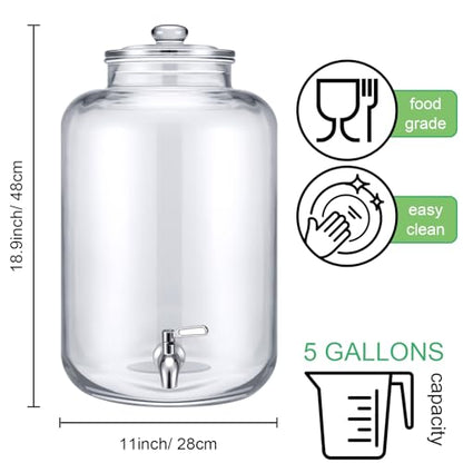 Newtay 5 Gallon Glass Water Dispenser Countertop with Glass Lid and Stainless Steel Spigot Beverage Drink Dispenser Airtight Leakproof Large Jug for Summer Outdoor Party Juice Kombucha