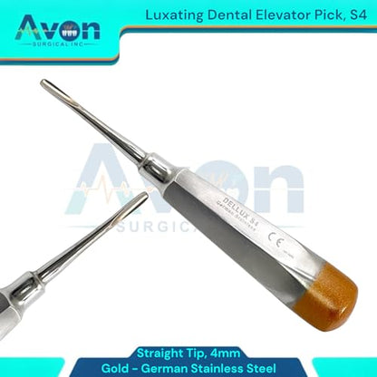 1.5, 2mm, 3mm, 4mm, 5mm, Straight Tipped Hollow Handle Root Extraction Elevators | Stainless Steel German | 5 Piece Bundle - Gold