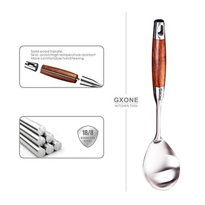 Large Serving Spoons,304 Stainless Steel Cooking Spoon with Heat Resistant Wooden Handle,Silver/12.4Inch - style: Cooking Spoon-wood handle