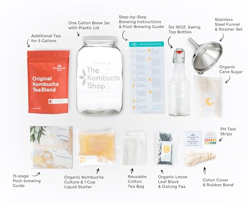 Premium Heating Wrap with Deluxe Kombucha Brewing Kit & Tea to Make an Additional 5 Gallons - Six Swing Top Bottles, Stainless Steel Funnel, Custom Bottle Brush, Premium Heating Wrap, Original Tea