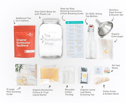 Premium Heating Wrap with Deluxe Kombucha Brewing Kit & Tea to Make an Additional 5 Gallons - Six Swing Top Bottles, Stainless Steel Funnel, Custom Bottle Brush, Premium Heating Wrap, Original Tea
