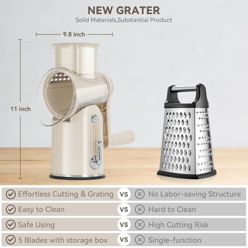KEOUKE Rotary Cheese Grater 5 in 1 White - Hand Crank Vegetable Cutter, Shredder, Slicer, Enlarge Input, Suction Base, Labor-Saving Handle, Blade Storage Box, for Onion, Potato, Vegetable, Nuts, etc - color: White