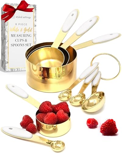 White and Gold Measuring Cups and Spoons Set – 8-Piece Stackable Stainless Steel Measuring Set – Stylish Gold Kitchen Accessories for Precise Baking and Cooking, Ideal Gift for Bakers and Chefs - color: White
