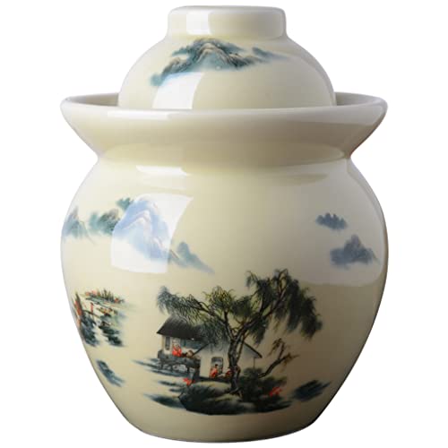 ZHOUXIAO Traditional Chinese Ceramic Fermenting Jar Fermentation Crock Food Storage Containers Pickle Jars with Water Seal Airlock Lid Sealing Jars for Sauerkraut,Kimchi 0.75KG