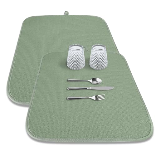 Kitsure Dish Drying Mat - 2-Pack Washable Microfiber Drying Mat for Kitchen Counter, 3-Layer Ultra Absorbent Pad with a Hanging Hook, 20" x 14", Green - color: Green, size: 20" x 14"