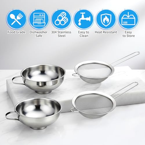 4 Pieces Stainless Steel Funnels with Fine Mesh Strainer, 2 Size Kitchen Canning Funnels Food Can Drainer Strainer with Handle
