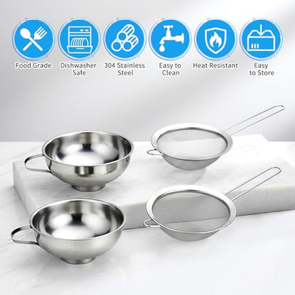 4 Pieces Stainless Steel Funnels with Fine Mesh Strainer, 2 Size Kitchen Canning Funnels Food Can Drainer Strainer with Handle
