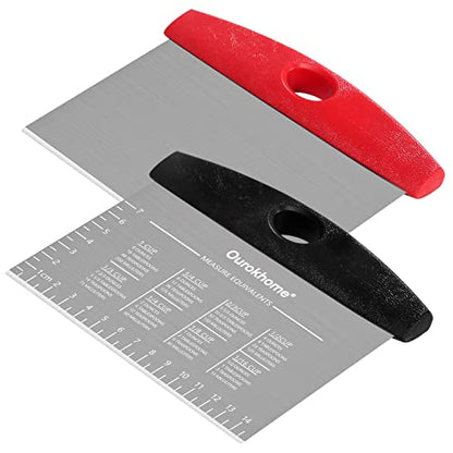 Ourokhome 2 Pack Bench Scraper Dough Cutter, Stainless Steel Dough Scraper with Laser-Etched Scale, Conversion Chart, Non-Slip Handle, Dishwasher Safe for Bread & Pastry, Black and Red - color: Red and black