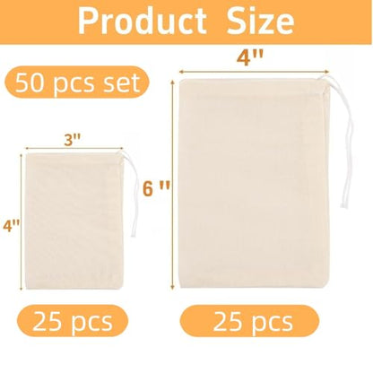 50 PCS Natural Unbleached Cotton Muslin Bags with Drawstring,Reusable Tea Bags,Spice Bags for Cooking Soup/Herb/Loose Leaf Tea,Cotton Small Cheese Cloth Bag for Straining,Sachet Bags (3x4"+4x6") - size: 3x4"+4x6"