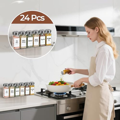 ComSaf Glass Spice Jars with Shaker Lids 4 oz 24 Pack Small Square Bulk Set | Labels, Seasoning Herbs Powders, Salt Pepper Chili, Spice Rack Organization, Kitchen Cabinet Storage, Funnel Included - color: Silver Lids