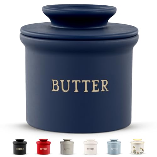 Kook Butter Crock with Lid, Soft Spreadable Butter, Ceramic French Butter Keeper to Leave On Counter with Water Line, Butter Dish, Home and Kitchen Decor, Perfect for Christmas Gift (Navy) - color: Navy