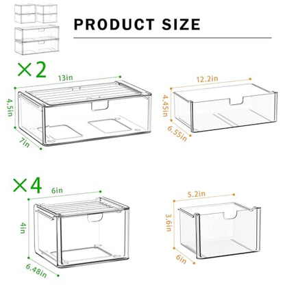 caktraie Acrylic Stackable Storage Drawers Set of 6, Clear Plastic Storage Drawer Organzier, Storage Organizer, Makeup Organizer,Ideal for Vanity, Bathroom,Cabinet,Pantry Organization - style: 2 Large+4 Medium Drawers