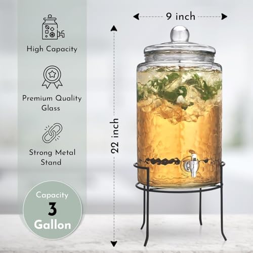 3 Gallon Glass Drink Dispenser with Metal Stand & Lid – Hammered Beverage Dispenser with Leakproof Spigot, Wide Mouth for Easy Fill – Ideal for Parties, Lemonade, Iced Tea, Sangria & More - color: Clear-3 Gallon