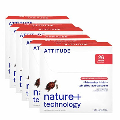 ATTITUDE Dishwasher Pods, Plant-Based & Vegan, Phosphate-Free Detergent Tablets, Naturally Derived, Unscented, 26 Count (Pack of 6) - size: 26 Count (Pack of 6)