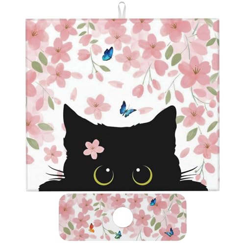 Flowers Black Cat Butterfly Dish Drying Mat for Kitchen Counter, 16"x18" Microfiber Absorbent Fast Dry Mat, 2Pcs Dish Mat Faucet Mats Sets, Large Drying Kitchen Mat Kitchen Drying Pad Coffee Bar Decor - color: Flowers Black Cat Butterfly, size: 16"X18"