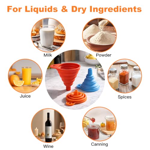 No Spill Kitchen Funnel Set, Food Grade 3 Collapsible Silicone Funnels & 1 Stainless Steel Funnel, Used for Hot Oil, Juice, Powder, Vials & More - Solves All Your Pouring Problems in the Kitchen