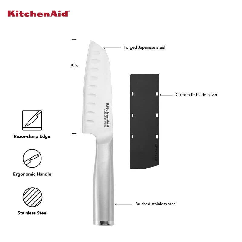 KitchenAid Gourmet Forged Triple Rivet Serrated Utility Knife with Custom Fit Blade Cover, 5.5 inch, Sharp Kitchen Knife, High Carbon Japanese Stainless Steel Blade, Stainless Steel - style: 5-Inch Santoku Knife