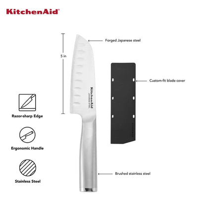 KitchenAid Gourmet Forged Triple Rivet Serrated Utility Knife with Custom Fit Blade Cover, 5.5 inch, Sharp Kitchen Knife, High Carbon Japanese Stainless Steel Blade, Stainless Steel - style: 5-Inch Santoku Knife