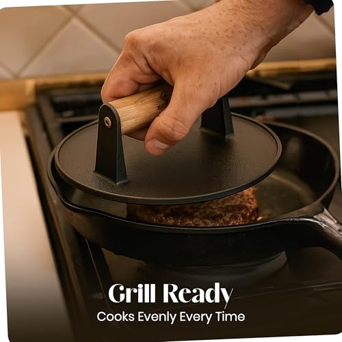 3-in-1 Cast Iron Smash Burger Press, 7.2'' Pre-Seasoned Cast Iron Hamburger Smasher, Grill Bacon Meat Press Tool Heat Resistant Burger Smasher for Griddle, Food, Chef