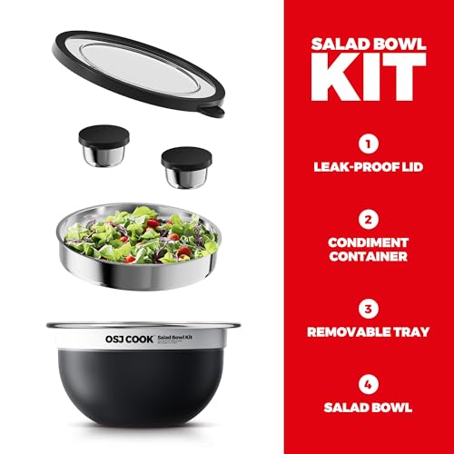 74oz Salad Bowl Kit with Lid & Tray, Scratch-Resistant 18/8 Stainless Steel Salad Bowls To Go For Lunch, Large Leak-Proof Container with 2 Condiment Canisters, Black - color: Black