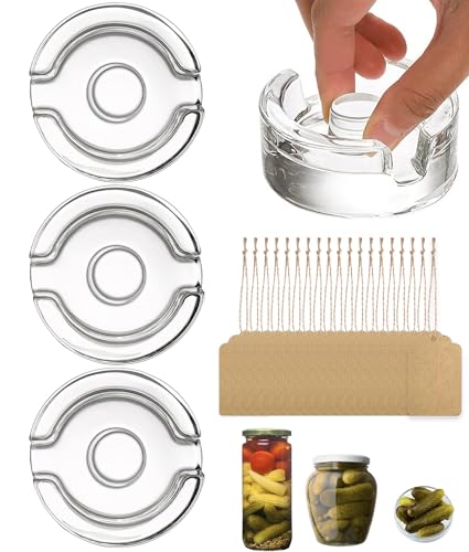 4-Pack Glass Fermentation Weights 200g Each, Easy Grip Canning Weights for 8.6cm Wide Mouth Mason Jar, Fermenting Supplies with 20 Twine Tags for Pickling Sauerkraut Kimchi