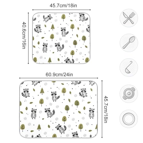 Raccoons Tree White Dish Drying Mat for Kitchen Counter Super Absorbent Draining Mat with Non-slip Backed Drainer Mat for Dish Cups Bowl Bottles Countertops Sinks Draining Racks