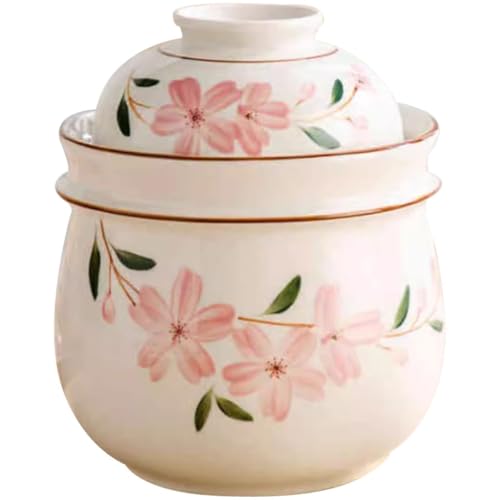 Hand-Painted Cherry Blossom Storage Jar, Double Lid Design Fermentation Crock, Household Water Seal Design Kimchi Jar, Ceramic Grain Container(2000ml) - size: 2000ml