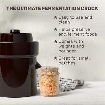 Fermentation Crock 1/2 Gallon - Sauerkraut Crock with Lid, Weights & Pounder - Ceramic Fermenting Crock Kit for Pickling Cabbage Kimchi Vegetables - 2 Liter Fermentation Jar - Stoneware Pickle Pot