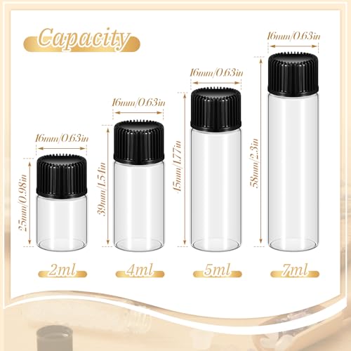 Lallisa 100 Pcs 2, 4, 5, 7 ml Glass Vials with Black Screw Caps and Plastic Stoppers, Clear Small Leakproof Bottles Bulk, Mini Liquid Sample Vials for Essential Oils, Sample, DIY Craft - color: Clear with Black Cap, size: 2 ml, 4 ml, 5 ml, 7 ml Set