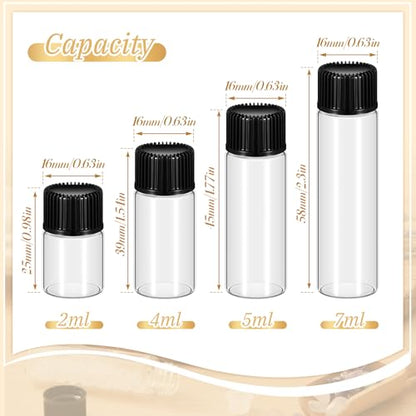 Lallisa 100 Pcs 2, 4, 5, 7 ml Glass Vials with Black Screw Caps and Plastic Stoppers, Clear Small Leakproof Bottles Bulk, Mini Liquid Sample Vials for Essential Oils, Sample, DIY Craft - color: Clear with Black Cap, size: 2 ml, 4 ml, 5 ml, 7 ml Set