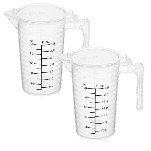 2 Pcs Measuring Cup with Lid 100ml PP Plastic ml & oz Measuring Cup for Liquid Double Sided Graduated Beaker with Handle and Spout for Lab Home Kitchen (3.5oz/100ml)