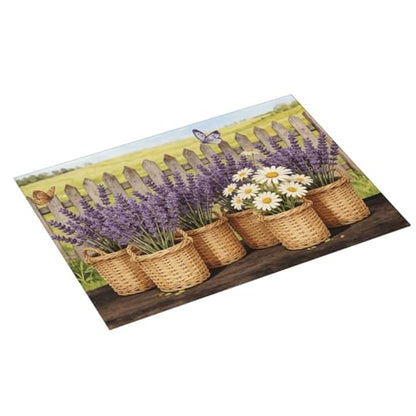Kitchen Drying Mat for Countertop Lavender Daisy Farmhouse Garden Pattern Non-Slip Kitchen Counter Mat for Dishes Glassware - color: Purple White