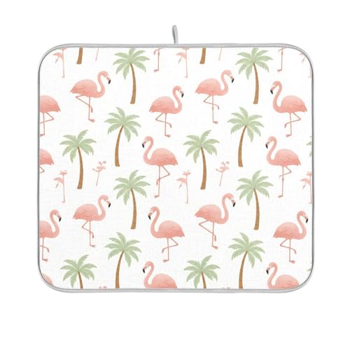 Tropical Flamingo Palm Tree Dish Drying Mat for Kitchen Counter Super Absorbent Draining Mat with Non-slip Backed Dish Rack Pad for Dish Bottles Cups Bowl Sinks Countertops Draining Racks