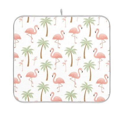 Tropical Flamingo Palm Tree Dish Drying Mat for Kitchen Counter Super Absorbent Draining Mat with Non-slip Backed Dish Rack Pad for Dish Bottles Cups Bowl Sinks Countertops Draining Racks