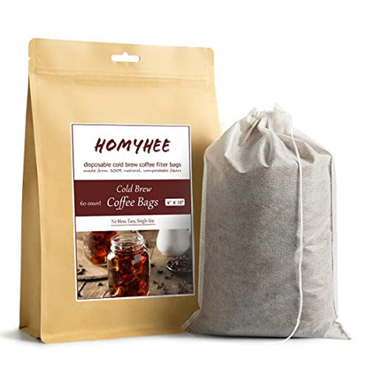 Cold Brew Coffee Bags 60 Count Disposable Fine Mesh Brewing Bags for Concentrate/Iced Coffee Maker, French/Cold Press Kit, Hot Tea in Mason Jar or Pitcher, 6 x 10 Inches - size: 60 Pack - 6" x 10"