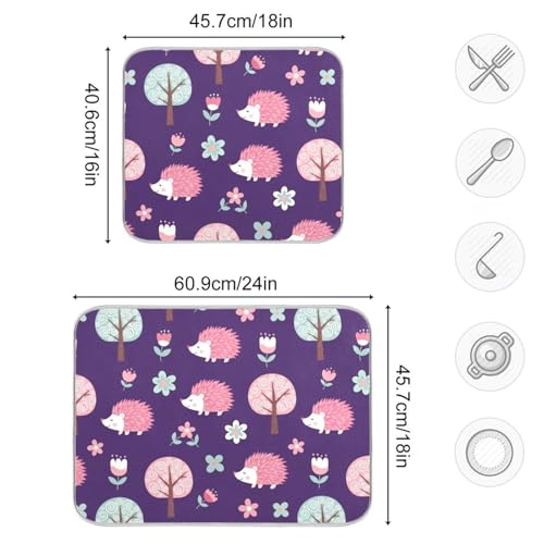 Hedgehog Flower Trees Purple Dish Drying Mat for Kitchen Counter Super Absorbent Draining Mat with Non-slip Backed Dish Rack Pad for Sinks Countertops Draining Racks Dish Bottles Cups Bowl