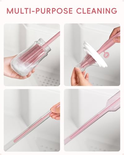 Silicone Cleaning Brush Kit,Water Bottle and Straw Cleaner Brush Set for Tumbler,Baby Bottle,Breast Pump Part,Nipple,Sippy Cup,Glass,Dishwasher Safe,BPA Free,3 Pcs - color: Pink