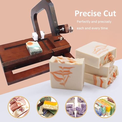 Adjustable Black Walnut Soap Cutter with Steel Wire, DIY Soap Slicing Tool, Includes 10 Replaceable Wires & Size Scale for Handmade Soap Making