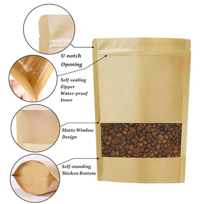 100 PCS Resealable Bags, Stand Up Kraft Paper Bags with Matte Window, Zipper Lock Food Storage Bags for Small Business and Home, 6.6x9.4 Inch Reusable Sealable Bags for Packaging - color: Yellow,6.69*9.44 inches